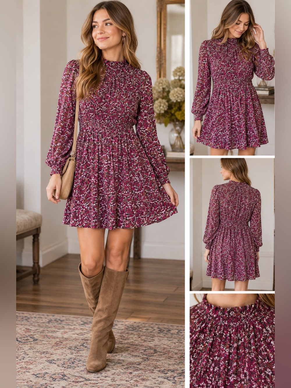 Draper James RSVP Womens M Burgundy Floral Mini Dress Long Sleeve Prairie Boho